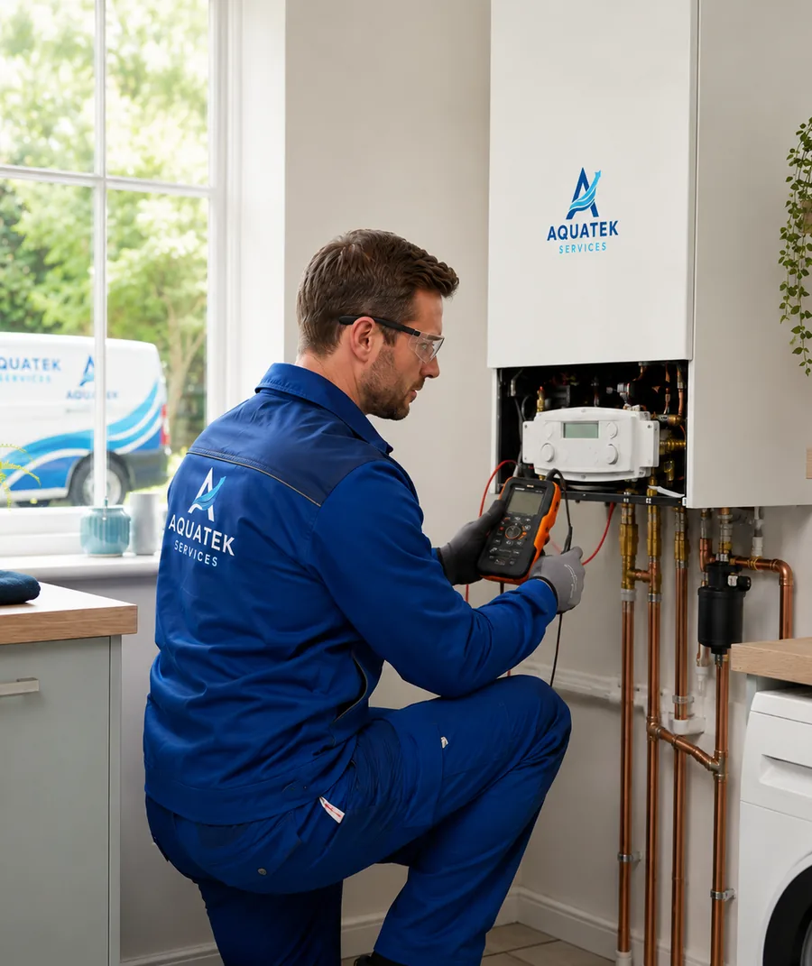 Aquatek engineer repairing a domestic boiler and hot water system