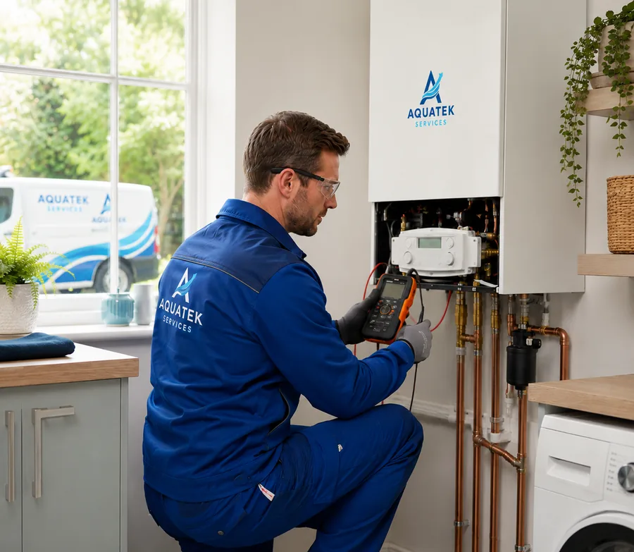 Aquatek engineer repairing a domestic boiler and hot water system.