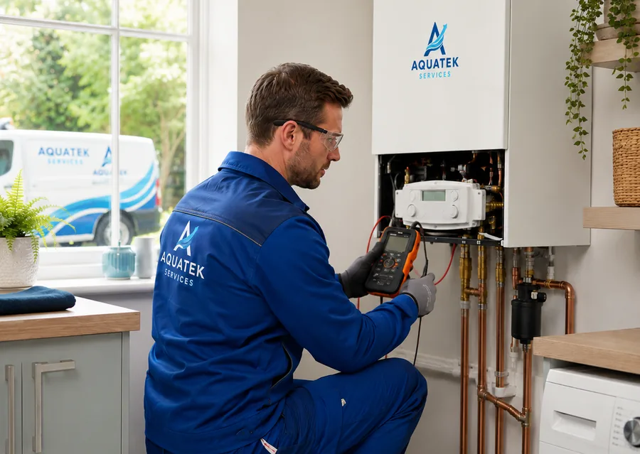 Aquatek engineer carrying out domestic boiler service work