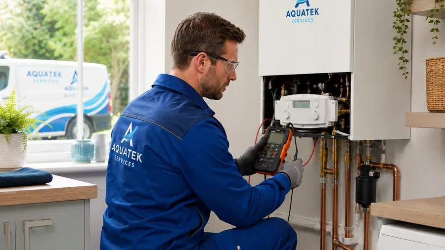 Aquatek heating engineer checking domestic boiler controls and pipework