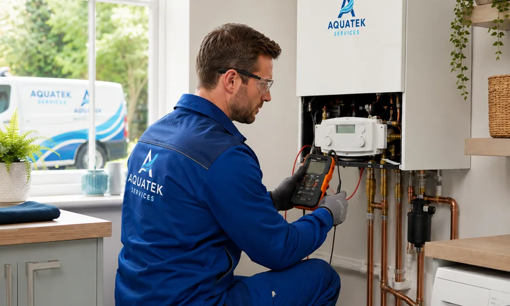 Aquatek engineer repairing a domestic boiler and hot water system