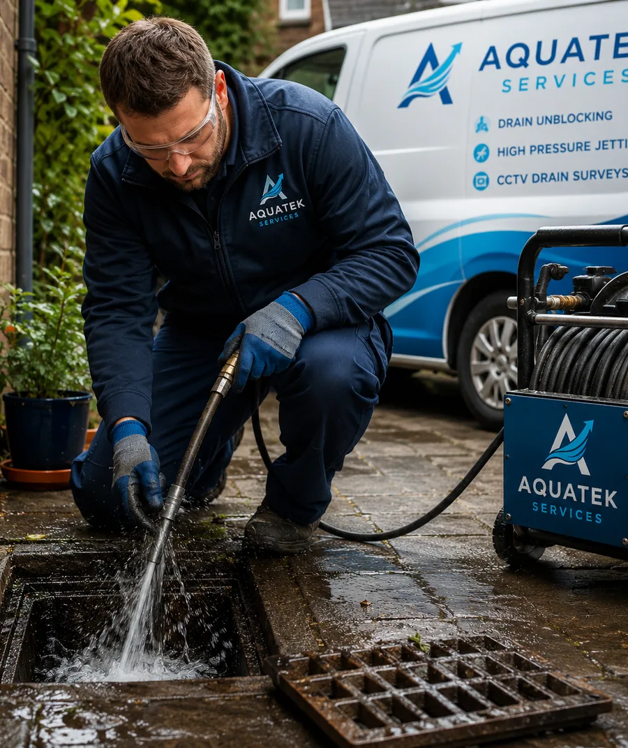 Aquatek drainage engineer unblocking an outdoor drain beside a branded van