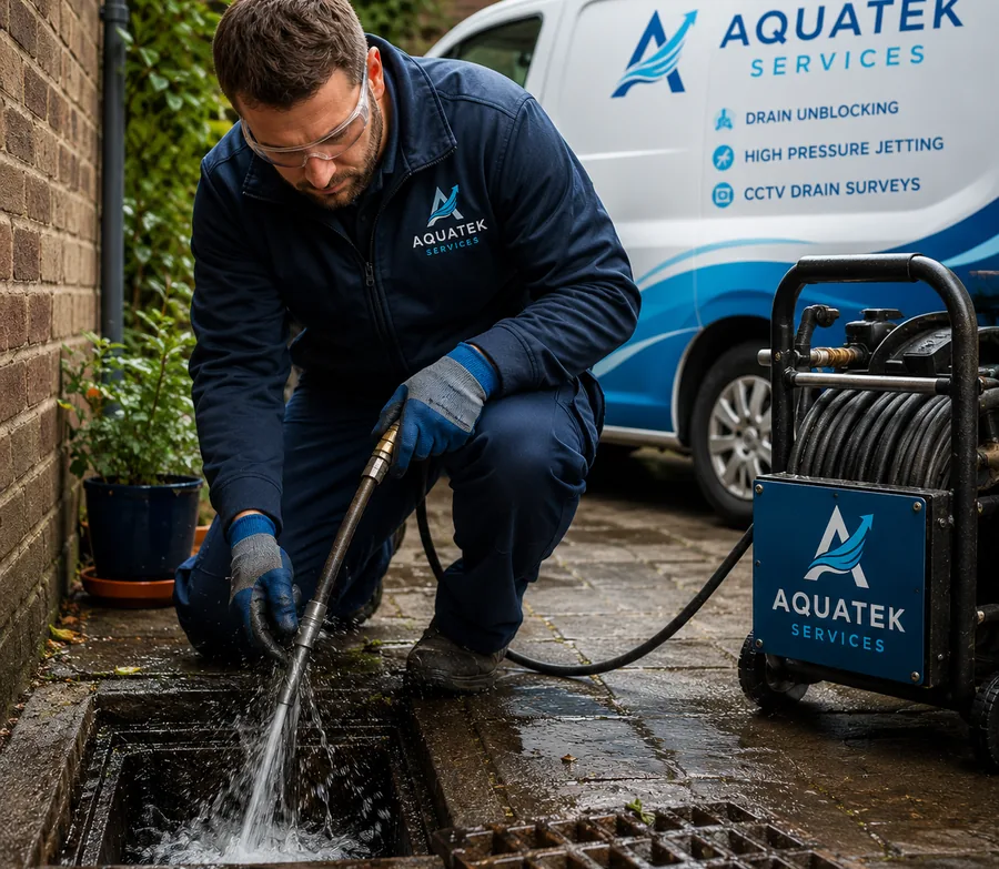 Aquatek drainage engineer clearing a blocked domestic drain with professional equipment.