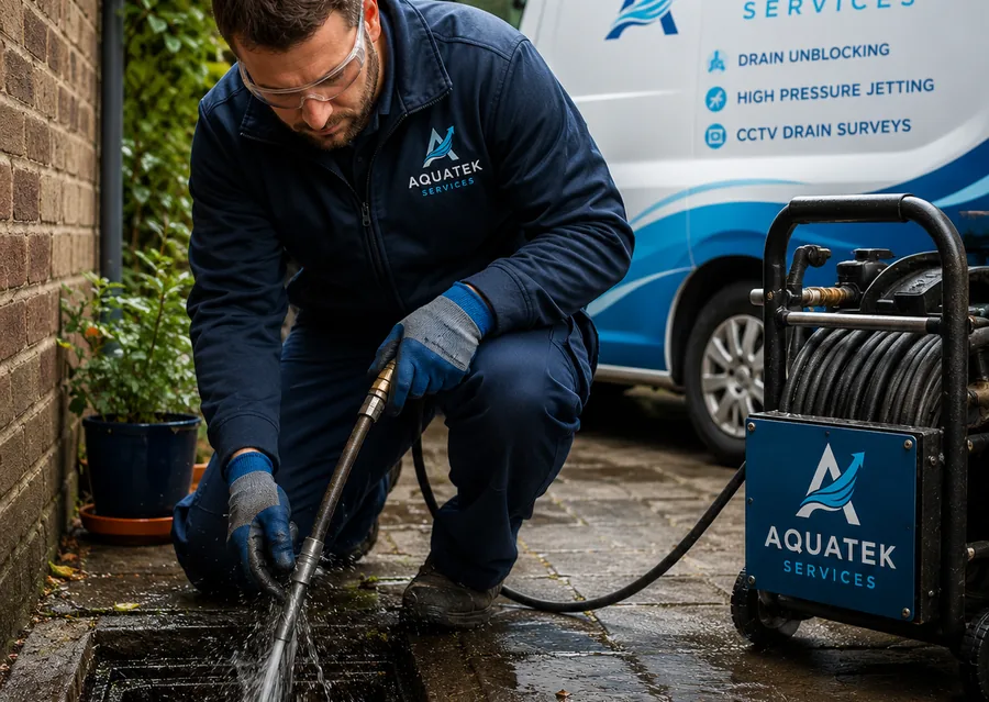 Aquatek drainage engineer clearing a blocked domestic drain