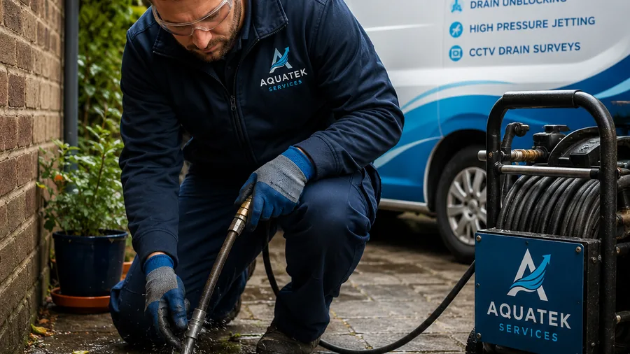Aquatek drainage engineer unblocking an outdoor drain beside a branded van