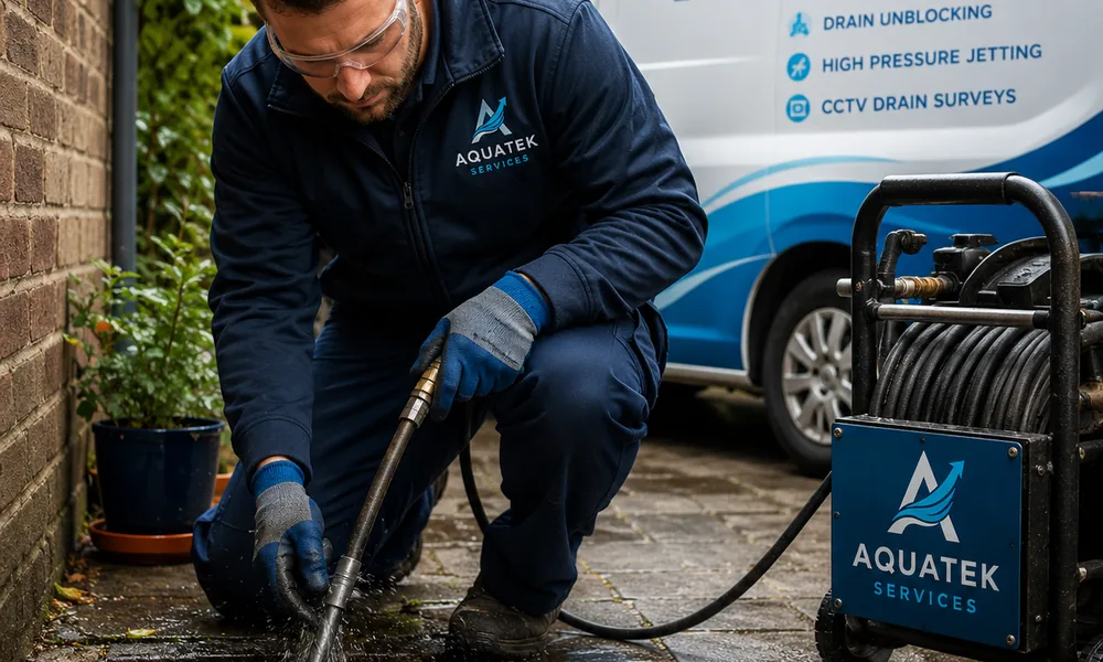 Aquatek drainage engineer unblocking an outdoor drain beside a branded van