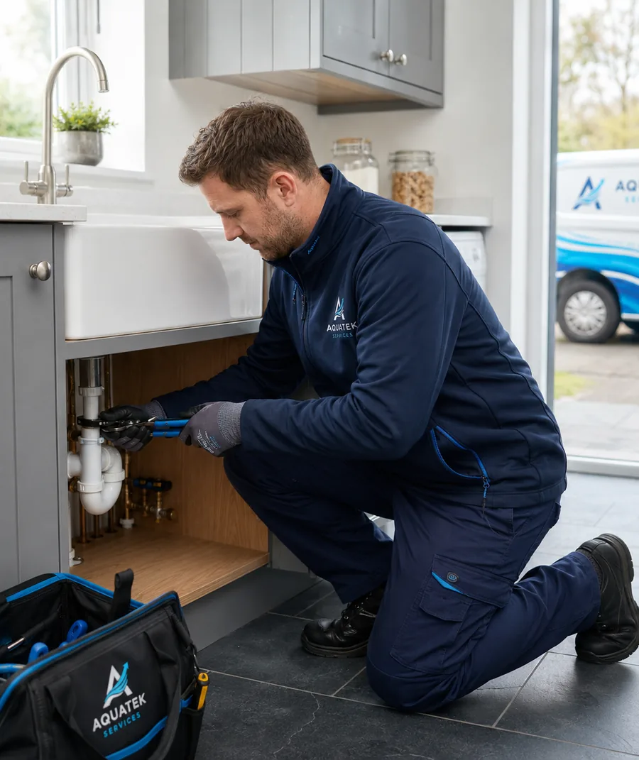 Aquatek plumber repairing kitchen sink pipework in a domestic home