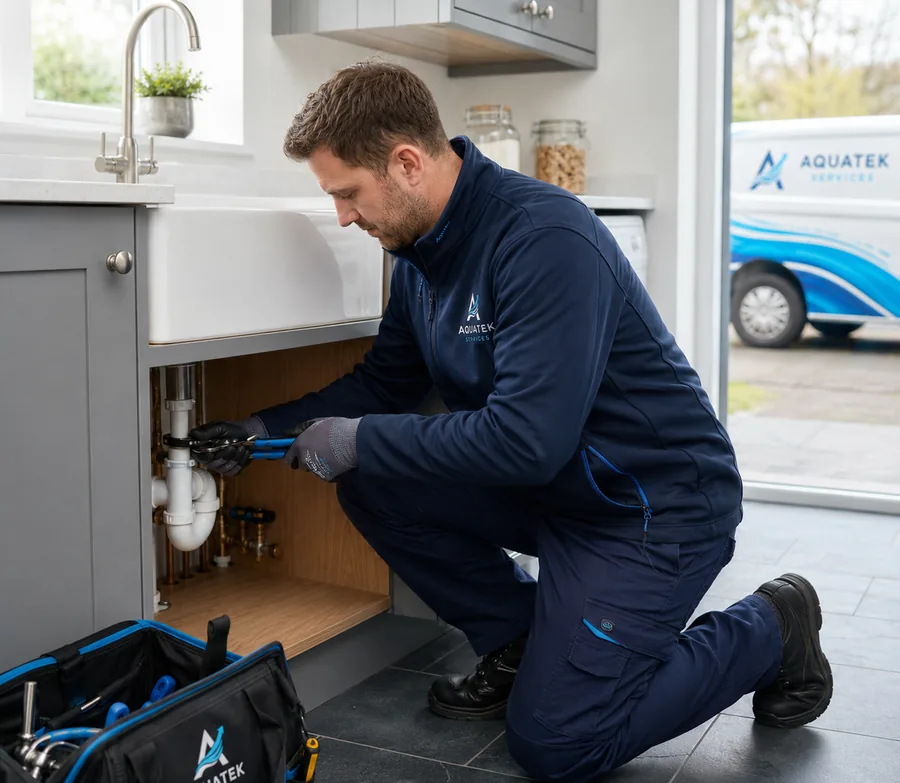 Aquatek plumber repairing kitchen sink pipework in a domestic home.