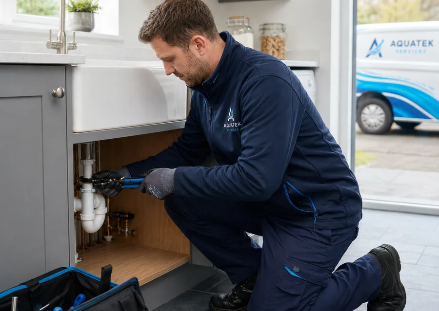 Aquatek plumber carrying out domestic kitchen sink pipework repairs