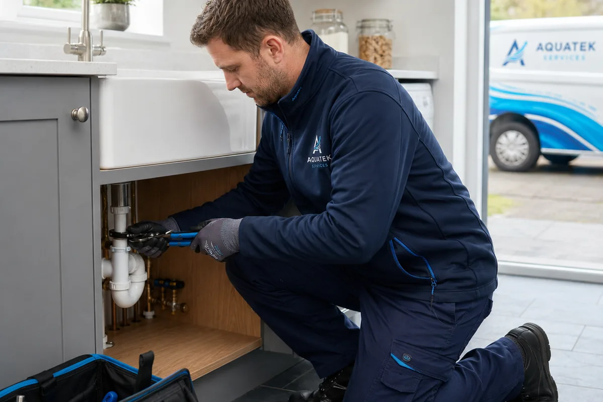 Aquatek domestic plumbing repair with branded tools and service van visible