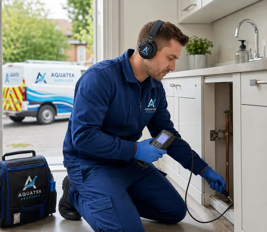 Aquatek engineer using leak detection equipment inside a domestic kitchen.