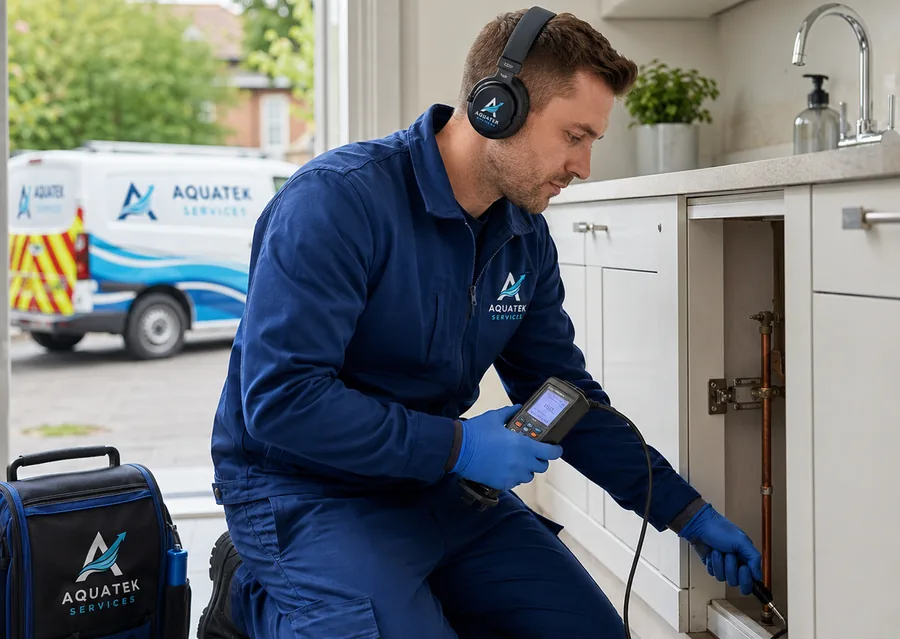 Aquatek engineer using leak detection equipment for a domestic plumbing repair