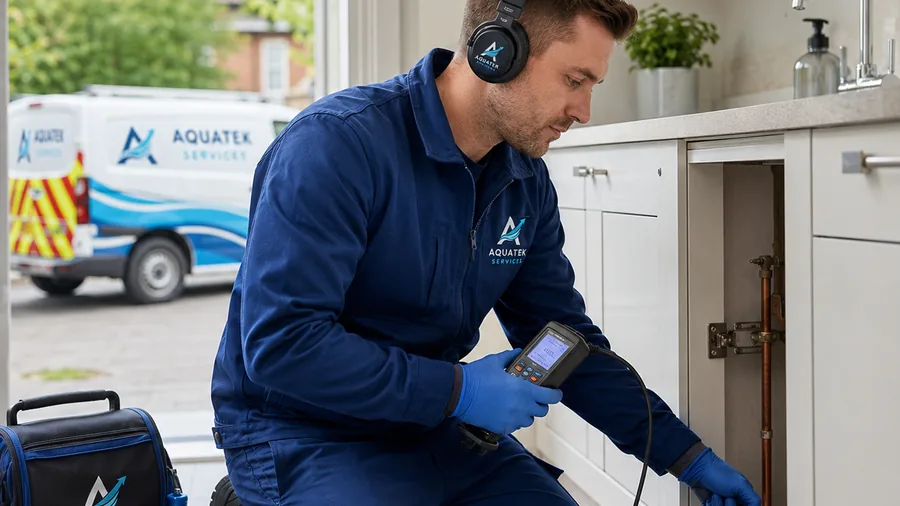 Aquatek engineer using leak detection equipment inside a domestic kitchen