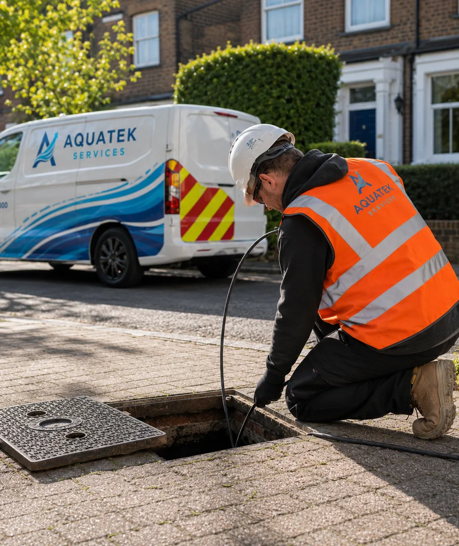 Aquatek drainage engineer carrying out external drain jetting beside a branded van
