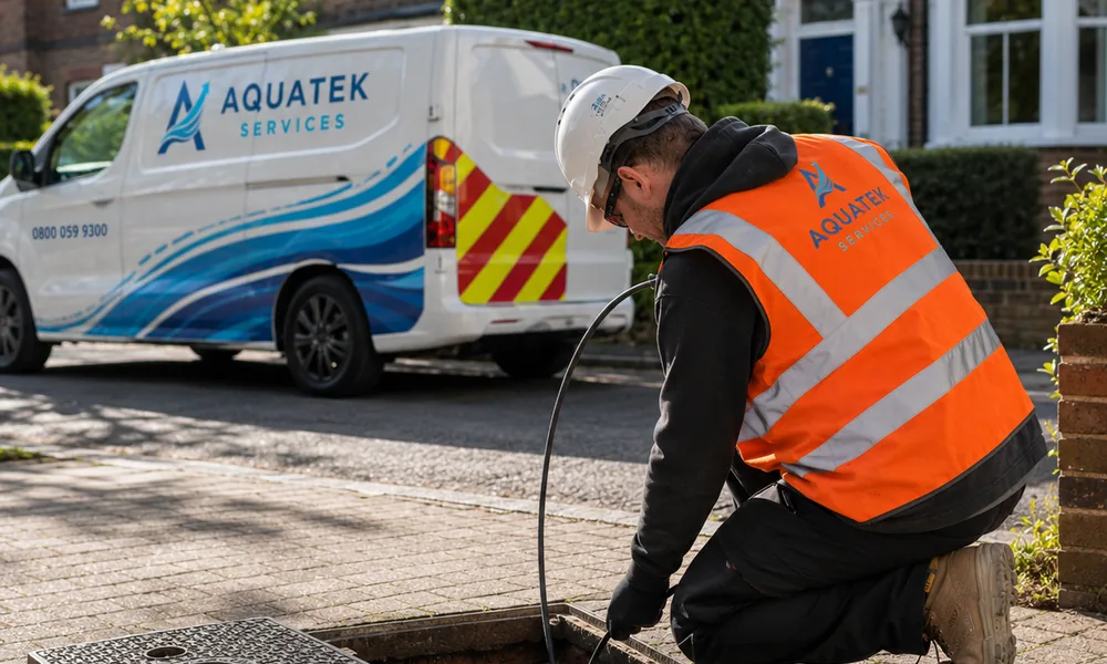 Aquatek drainage engineer clearing a street drain beside a branded service van