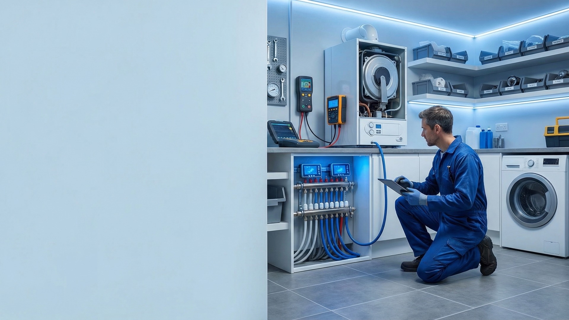 Heating engineer commissioning a commercial boiler control panel