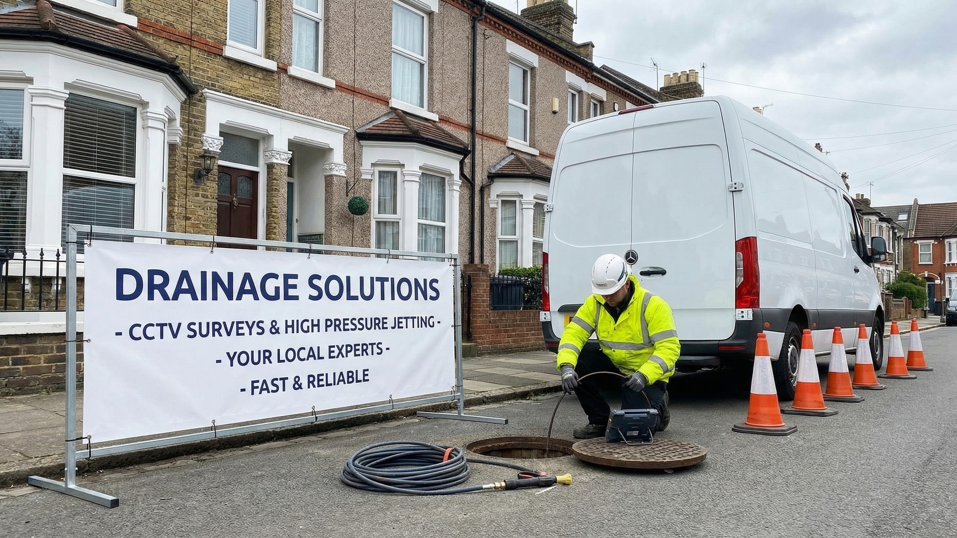 Drainage engineer operating CCTV survey equipment at an inspection chamber