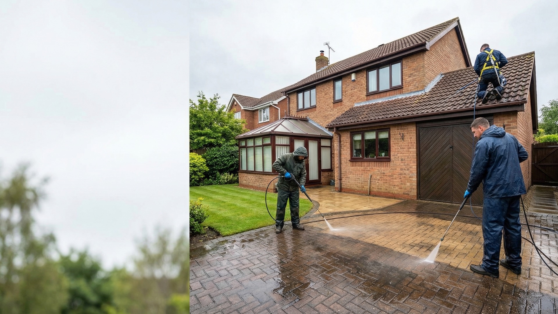 Exterior cleaning team pressure washing driveway and roofline surfaces