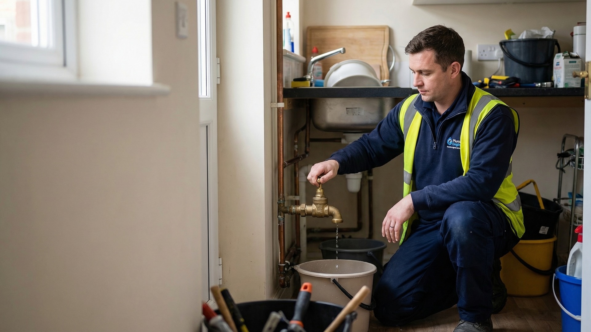 Plumbing engineer repairing copper pipework in a commercial plant room