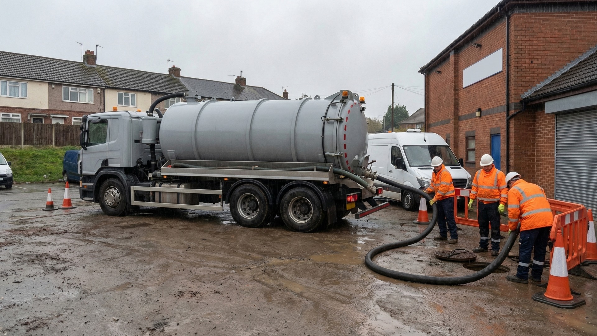 Vacuum tanker truck and engineers managing hoses at an industrial site