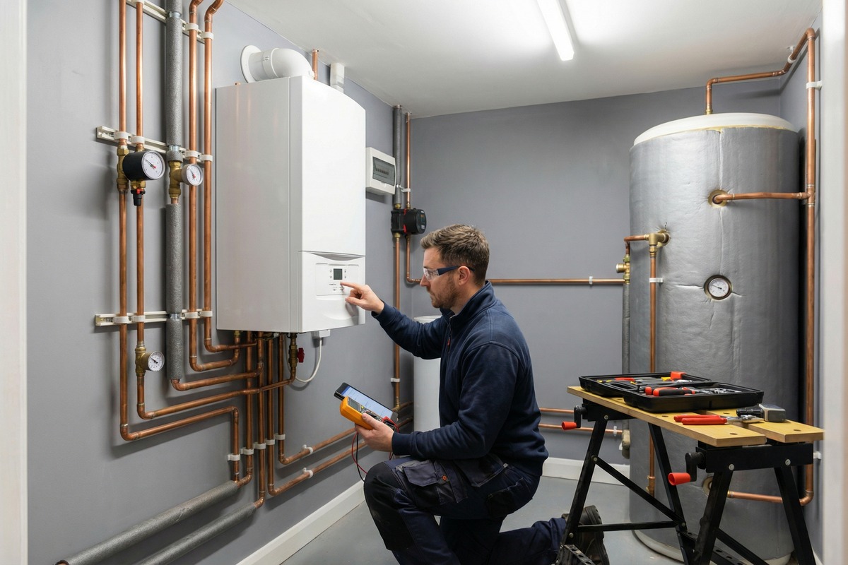 Engineer installing a modern boiler in a mechanical room