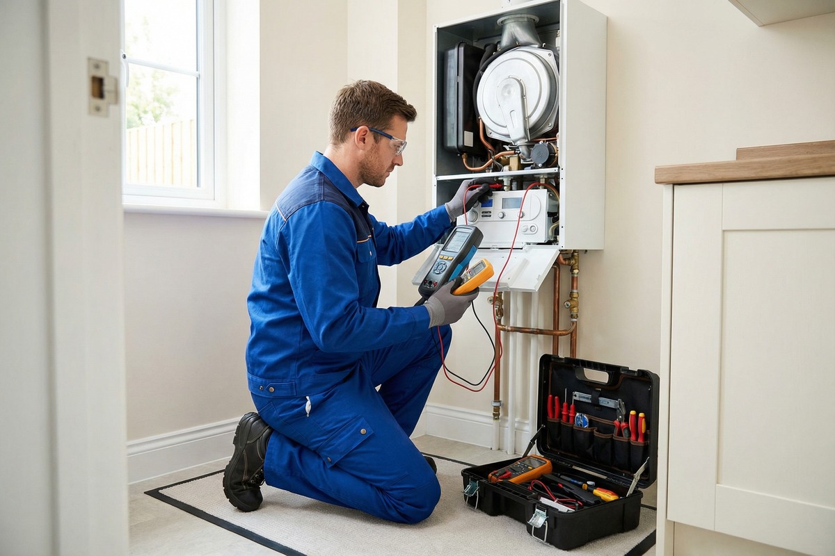 Heating engineer servicing boiler controls and test points