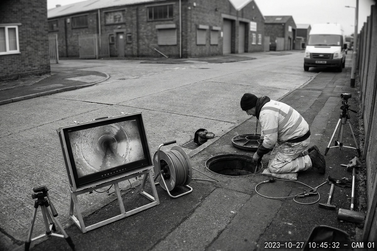 Drainage engineer reviewing CCTV survey footage at a manhole access point