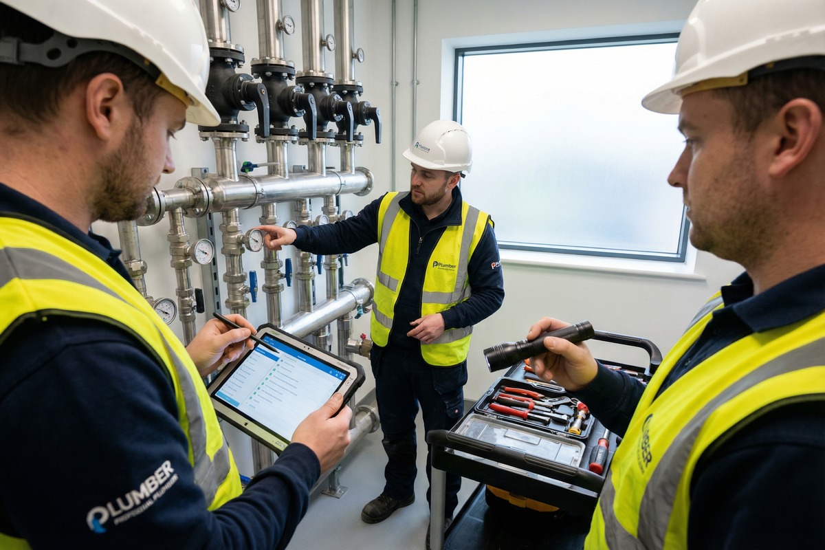 Commercial plumbing engineer inspecting manifold valves in a mechanical room