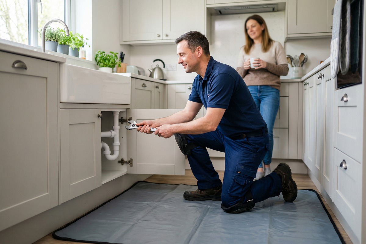 Domestic plumber carrying out under-sink plumbing repairs