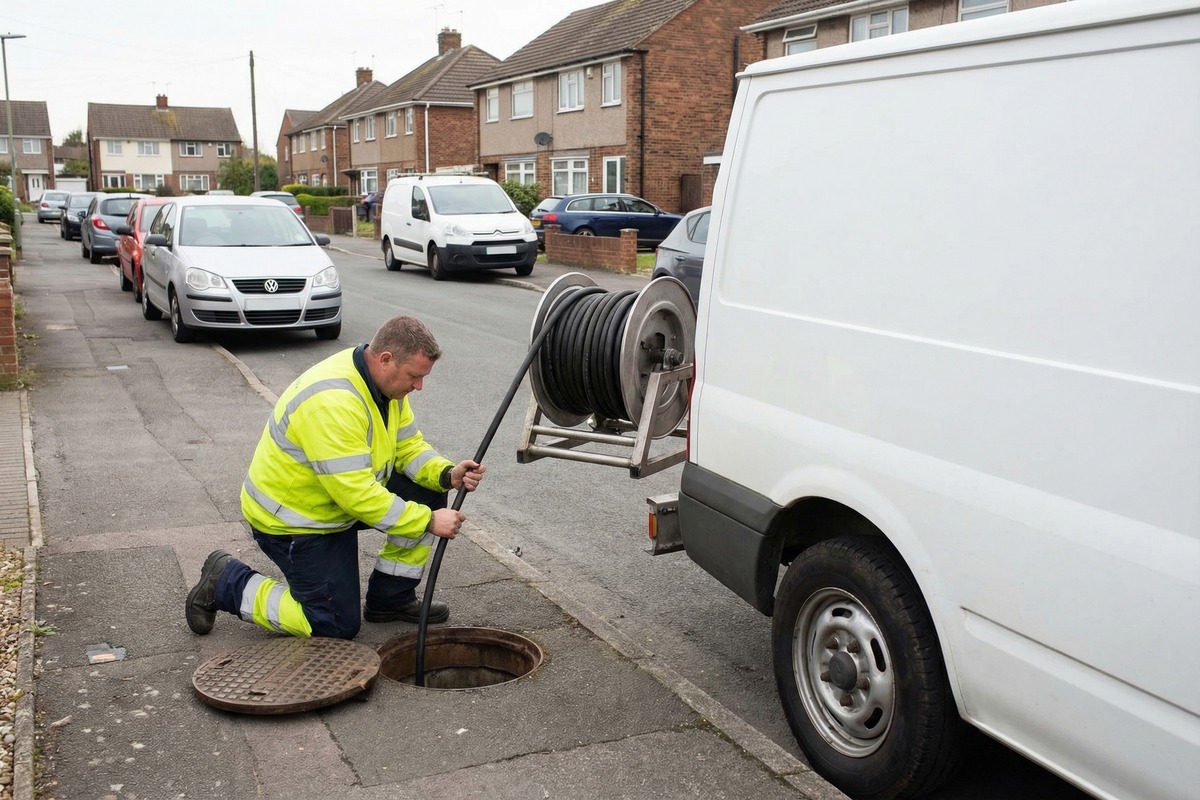 Drainage team carrying out high-pressure water jetting from a service vehicle