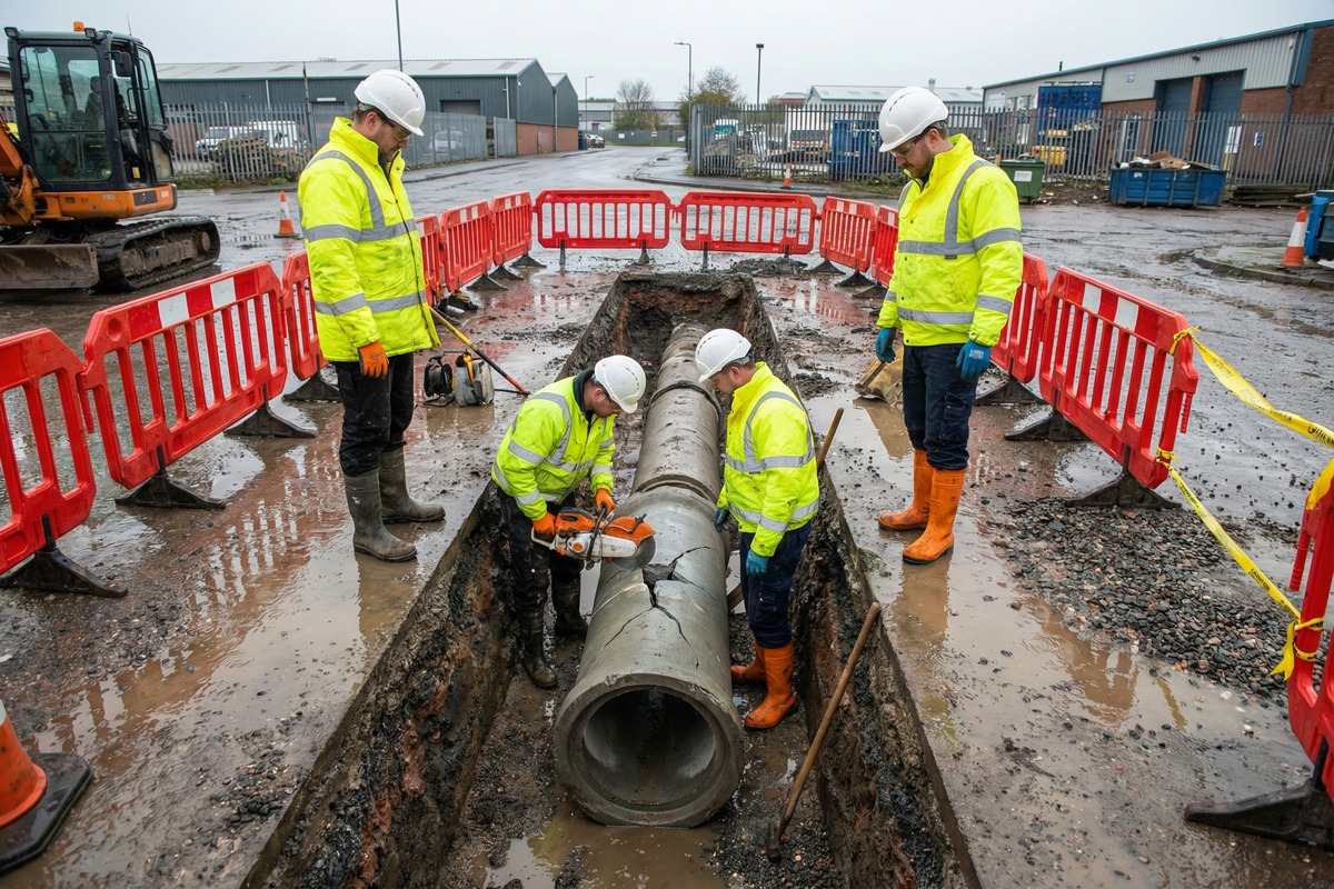 Drainage engineer carrying out drain repairs with site equipment