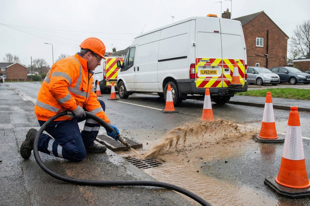Drainage engineer clearing a blocked drain on a roadside