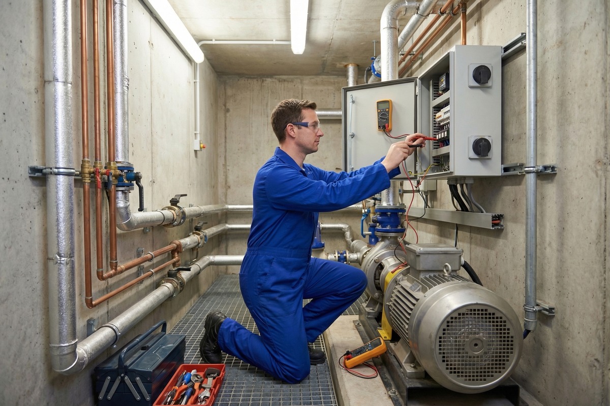 Engineers servicing electro machine drainage equipment in a plant room