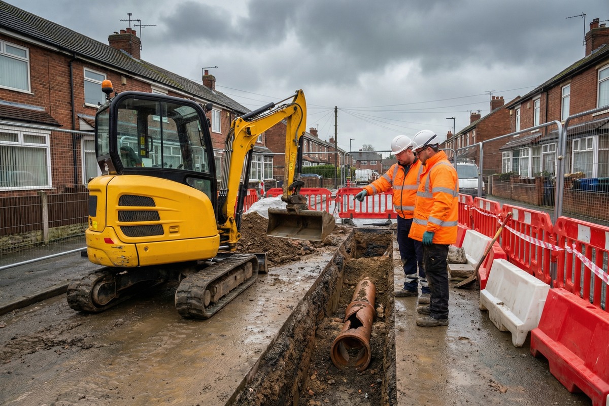 Drainage excavation works with engineers and mini digger on a controlled site