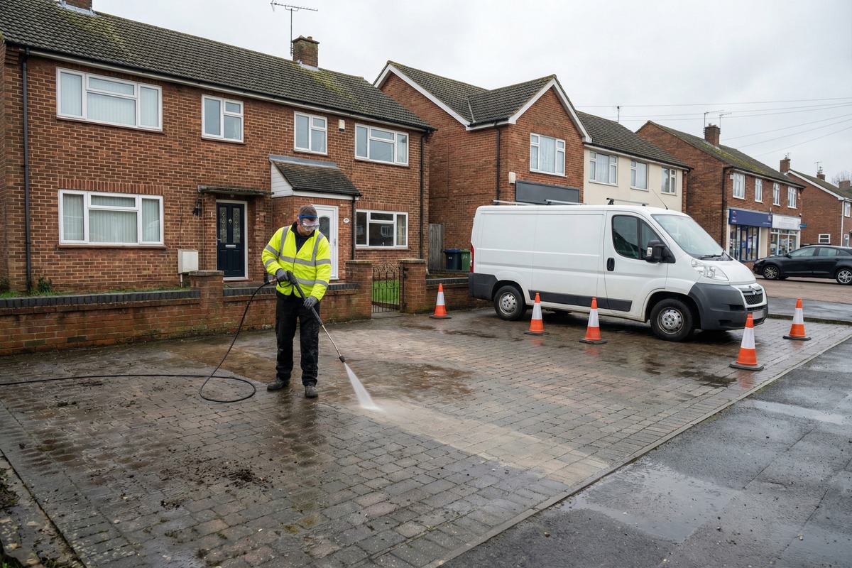 Exterior cleaning operative pressure washing a driveway surface