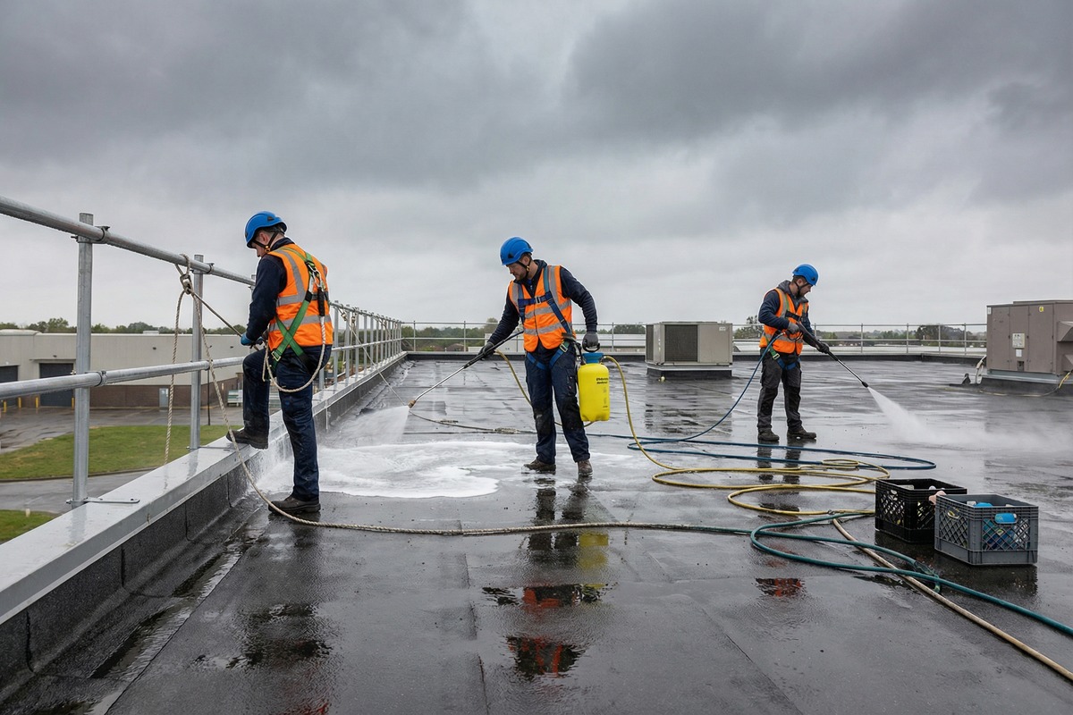Exterior cleaning team carrying out roof cleaning with safe access equipment