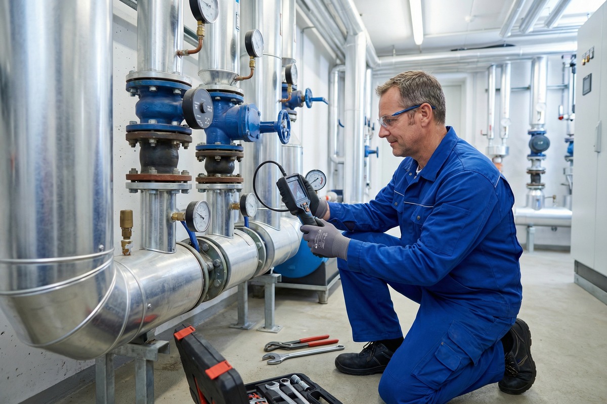 Engineer carrying out plumbing leak detection and repairs in a utility room