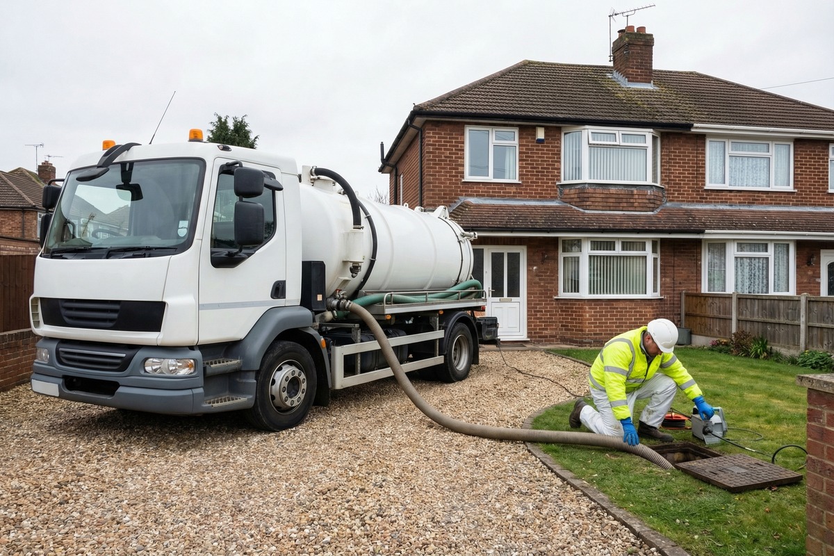 Vacuum tanker engineer monitoring cess pit emptying at an industrial chamber