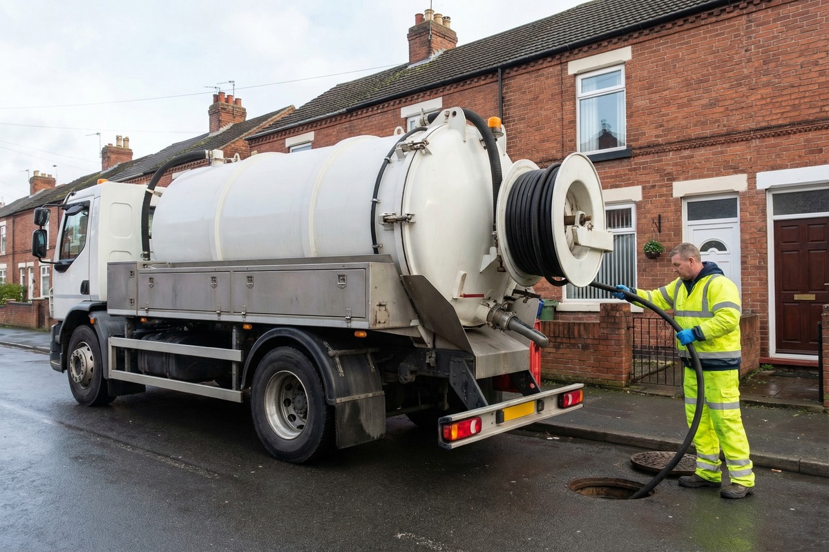 Vacuum tanker crew carrying out liquid waste removal at an industrial site