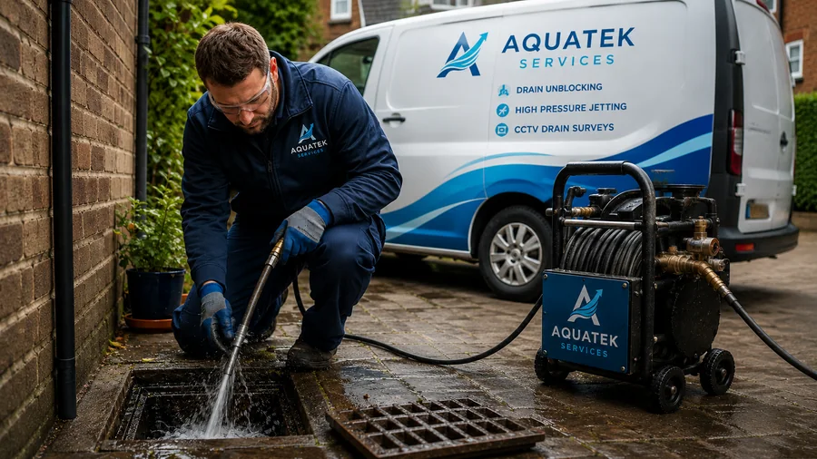 Aquatek drainage engineer jetting an outdoor drain beside a branded van