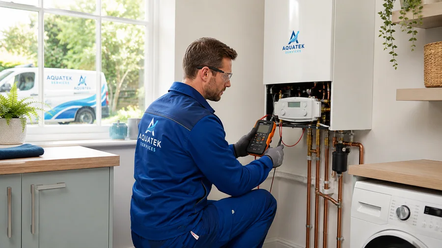 Aquatek engineer working on domestic heating and hot water pipework