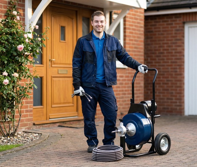 Drainage engineer with electro machine reel and equipment ready for service support at a residential property.