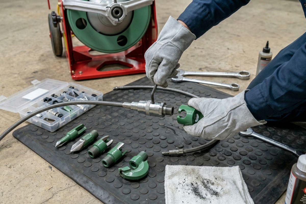 Electro machine tool head and flexible shaft clearing scale from internal drainage pipework.