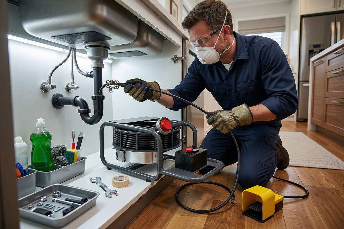 Engineer operating electro machine cable equipment to clear a domestic drainage line.