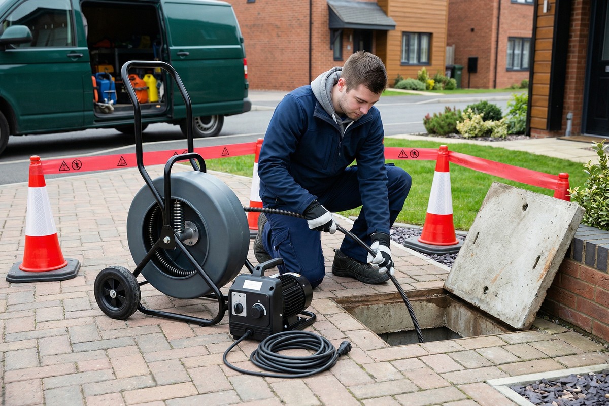 Engineer using compact electro machine equipment at a domestic driveway inspection chamber.