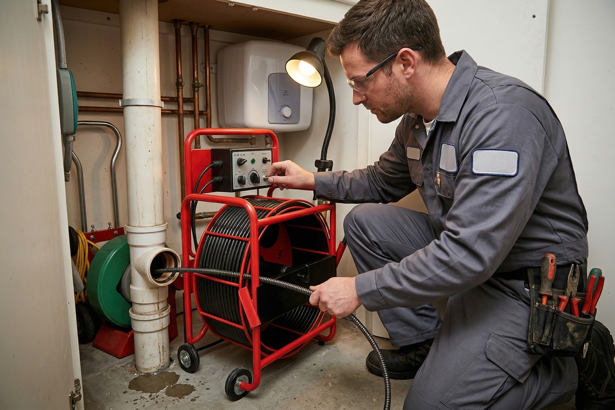 Domestic drainage engineer carrying out electro machine servicing in an indoor utility area.