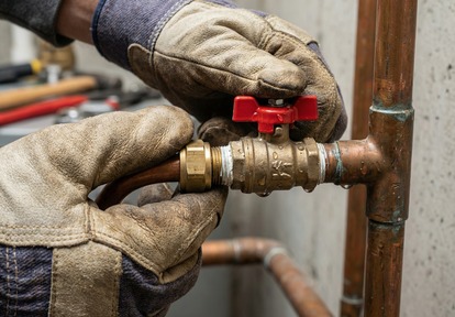 Close-up of emergency plumbing repair on copper pipework and isolation valve