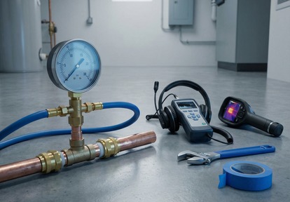 Plumbing pressure and leak testing equipment ready for emergency diagnostics