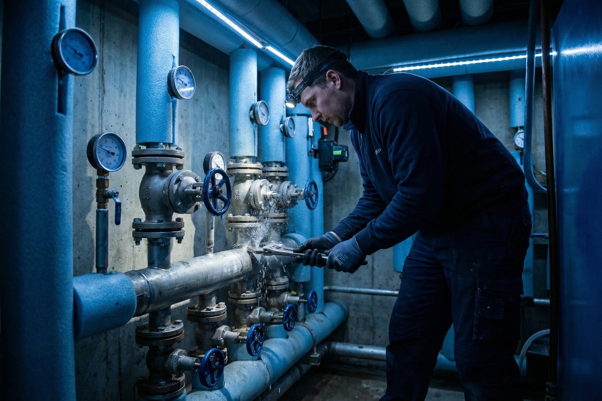 Emergency plumber isolating a leak in a commercial plant room