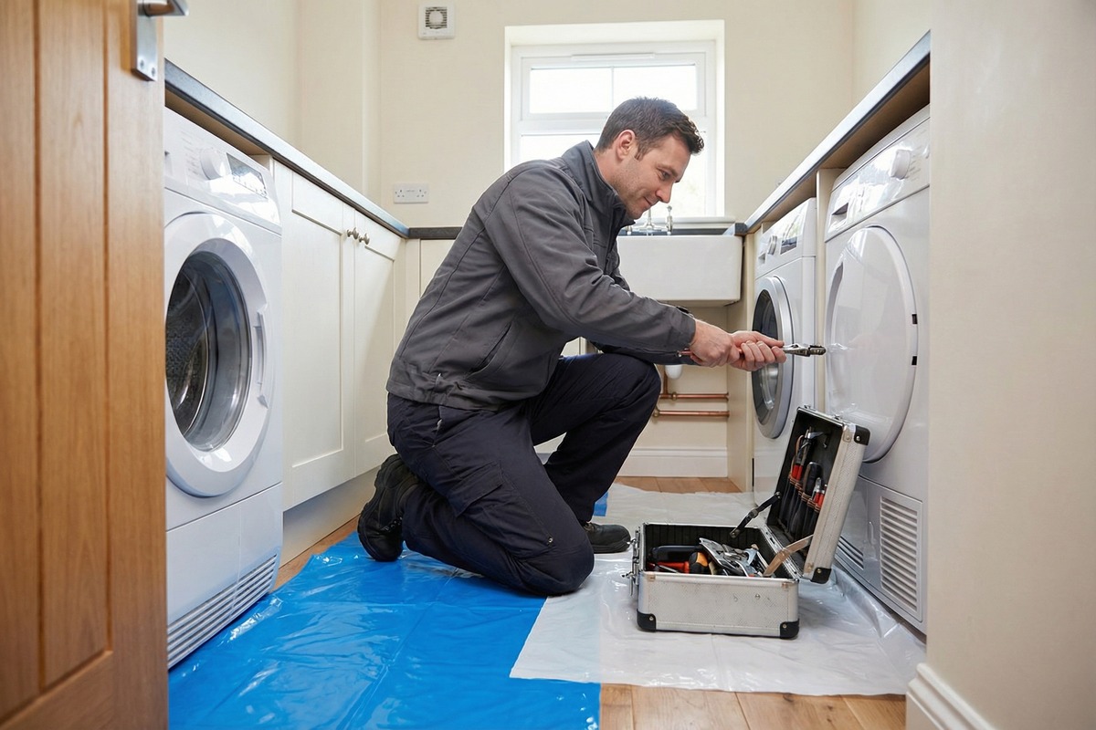 Plumbing engineer carrying out urgent burst pipe repairs in a residential utility space